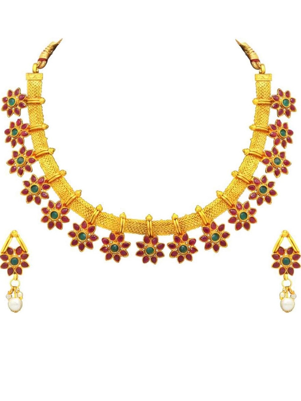 Indian/Pakistani Gold Floral Necklace and Earring Set with Red and Green Accents